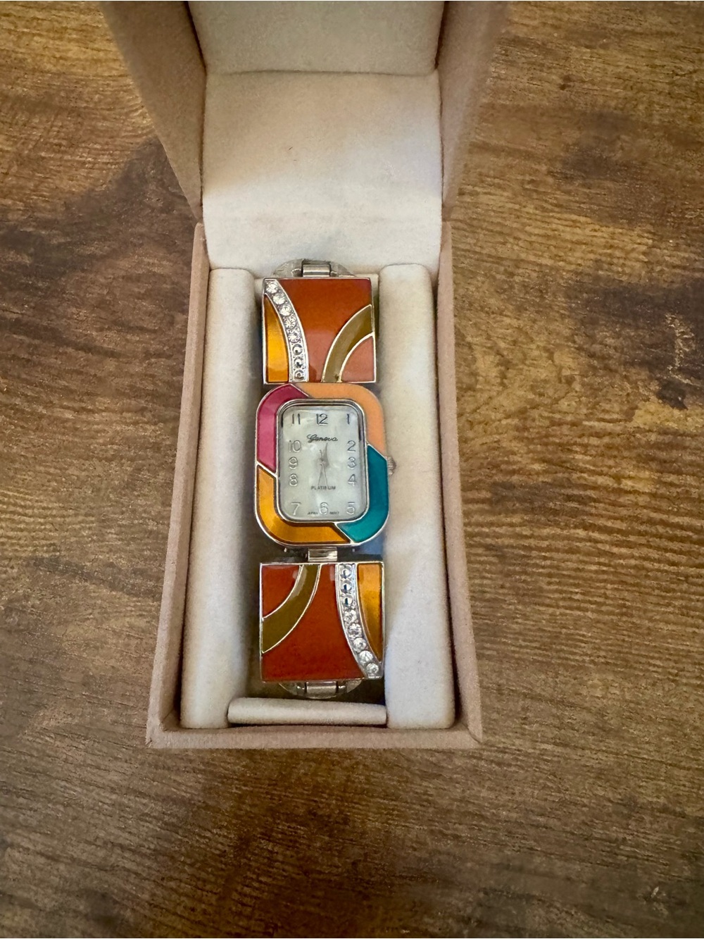 Geneva Platinum Enamel Bracelet Watch‎ Y2K Art Deco Mod Geometric Rhinestone